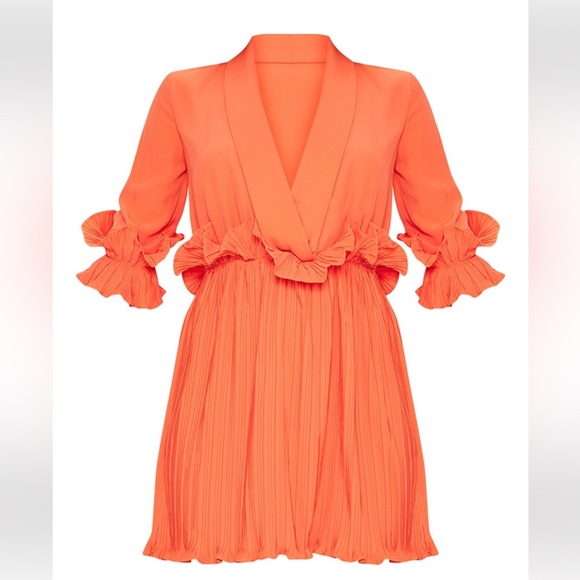Pretty Little Thing- Bright Orange Frill Detail Pleated Skater Dress - Picture 2 of 3
